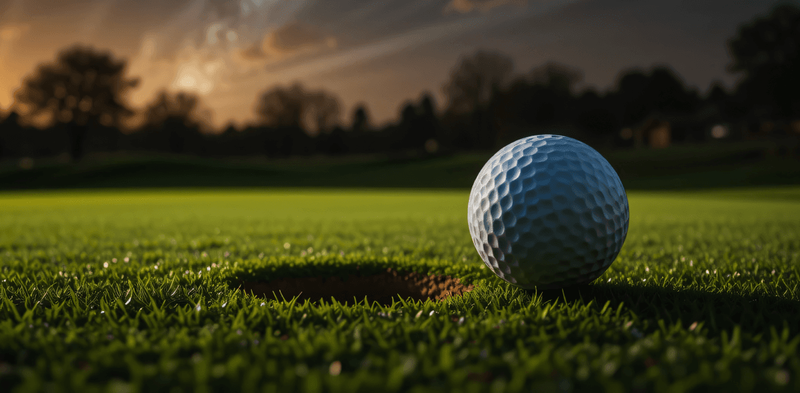 Golf ball next to golf hole on a green field
